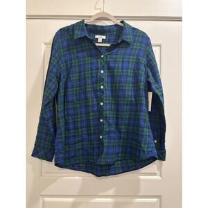 Croft & Barrow Womens Petite PL Blue Green Plaid Extra Soft Cotton Classic Shirt